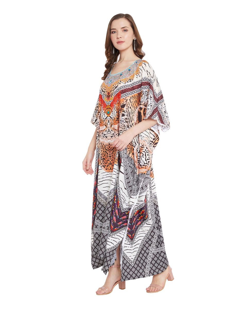 Long Leopard Multicolor Polyester Kaftan For Plus Size Women