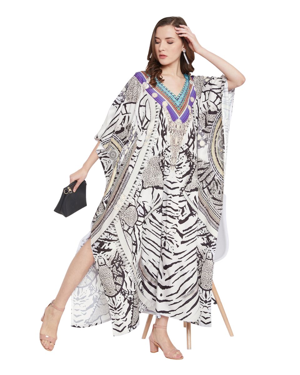 Partywear White Abstract Print Plus Size Maxi Kaftan For Women