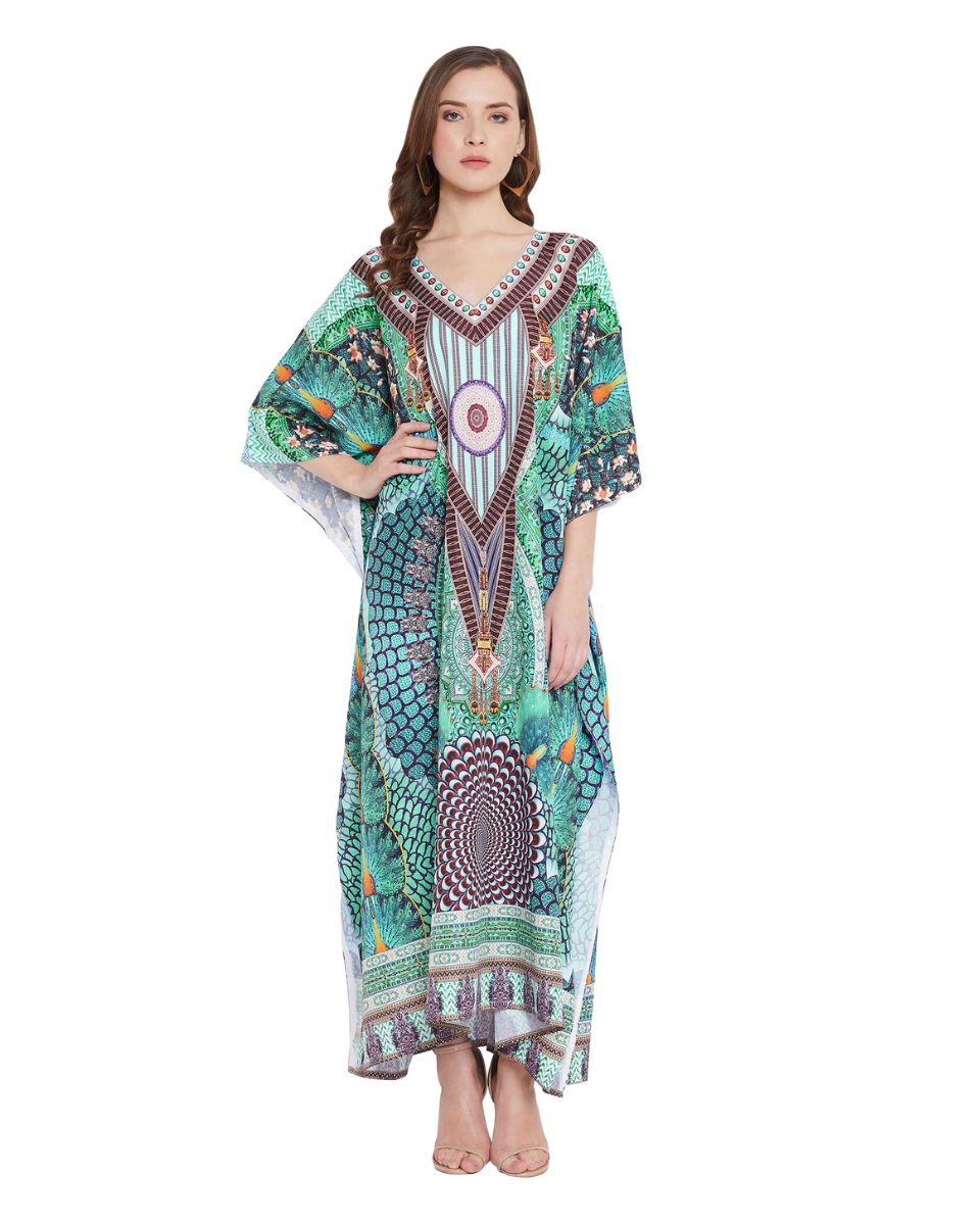 Peacock Print Polyester Kimono Sleeve Plus Size Kaftan For Women