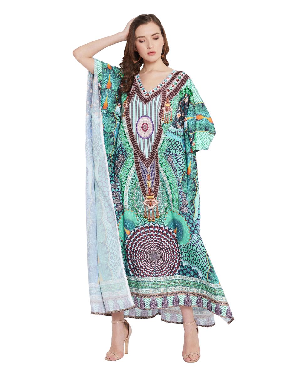 Peacock Print Polyester Kimono Sleeve Plus Size Kaftan For Women