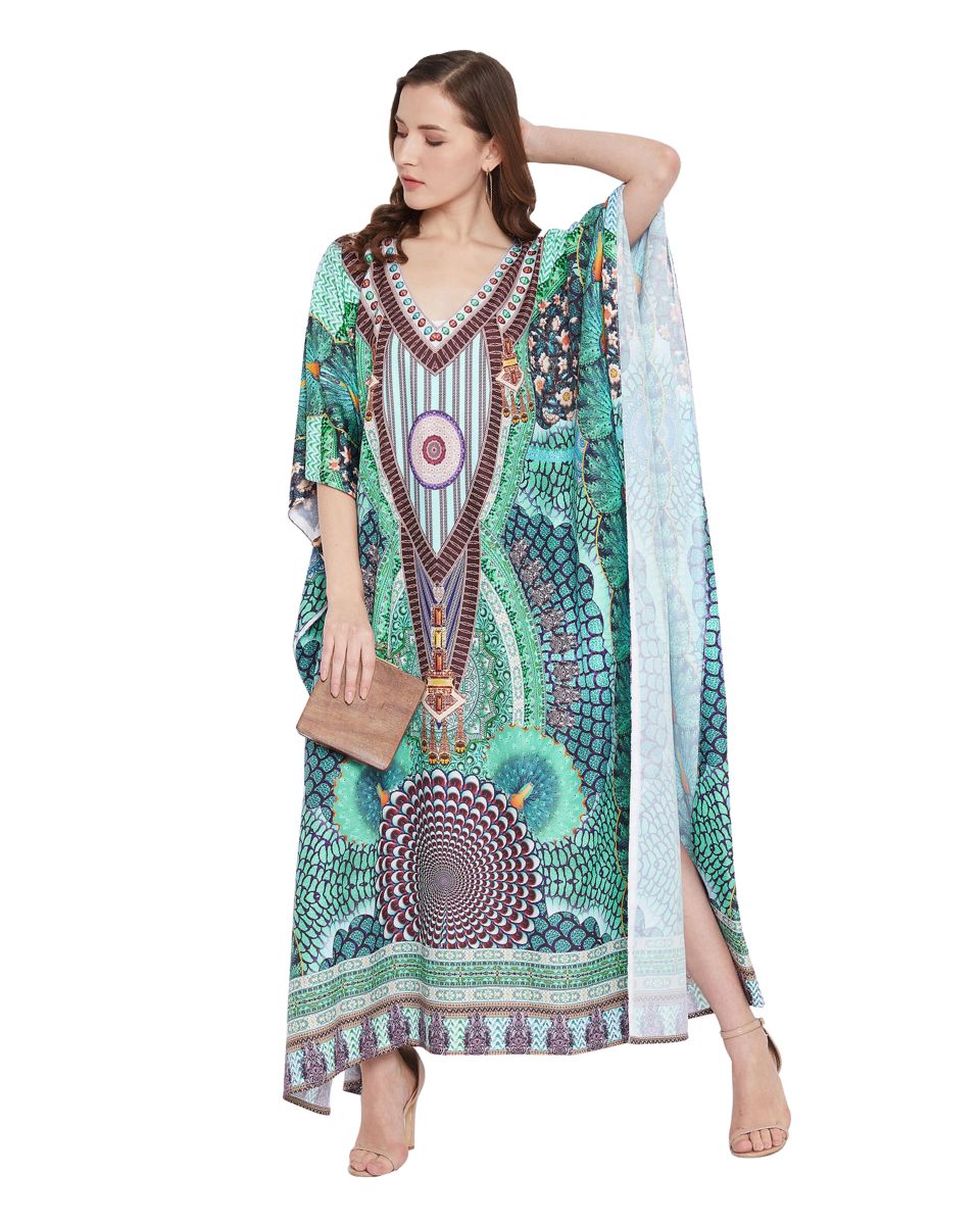 Peacock Print Polyester Kimono Sleeve Plus Size Kaftan For Women