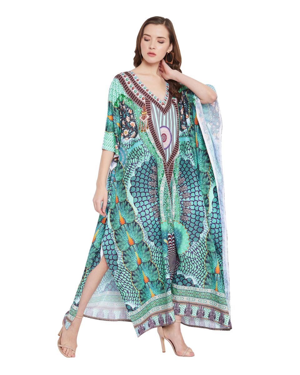 Peacock Print Polyester Kimono Sleeve Plus Size Kaftan For Women