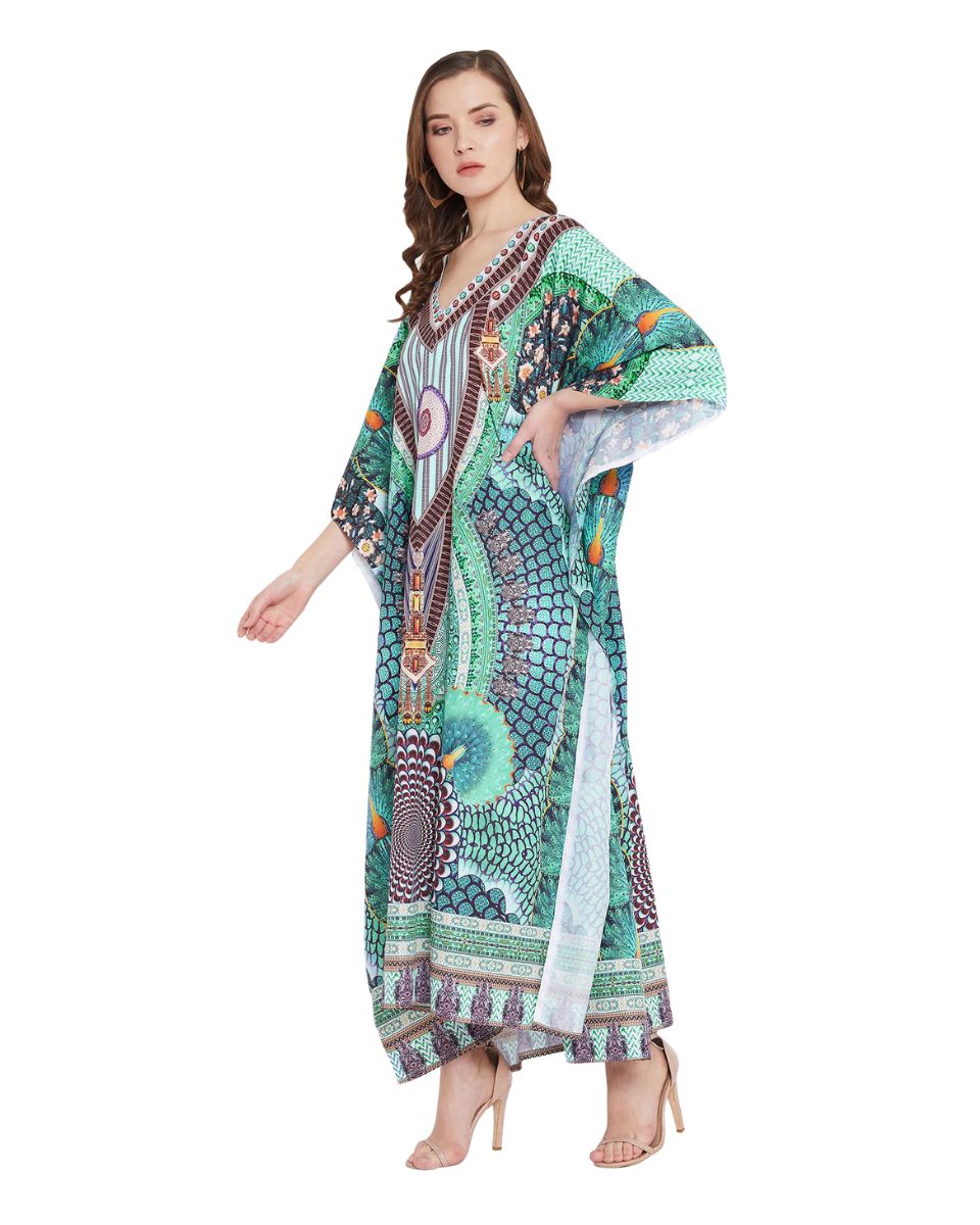 Peacock Print Polyester Kimono Sleeve Plus Size Kaftan For Women