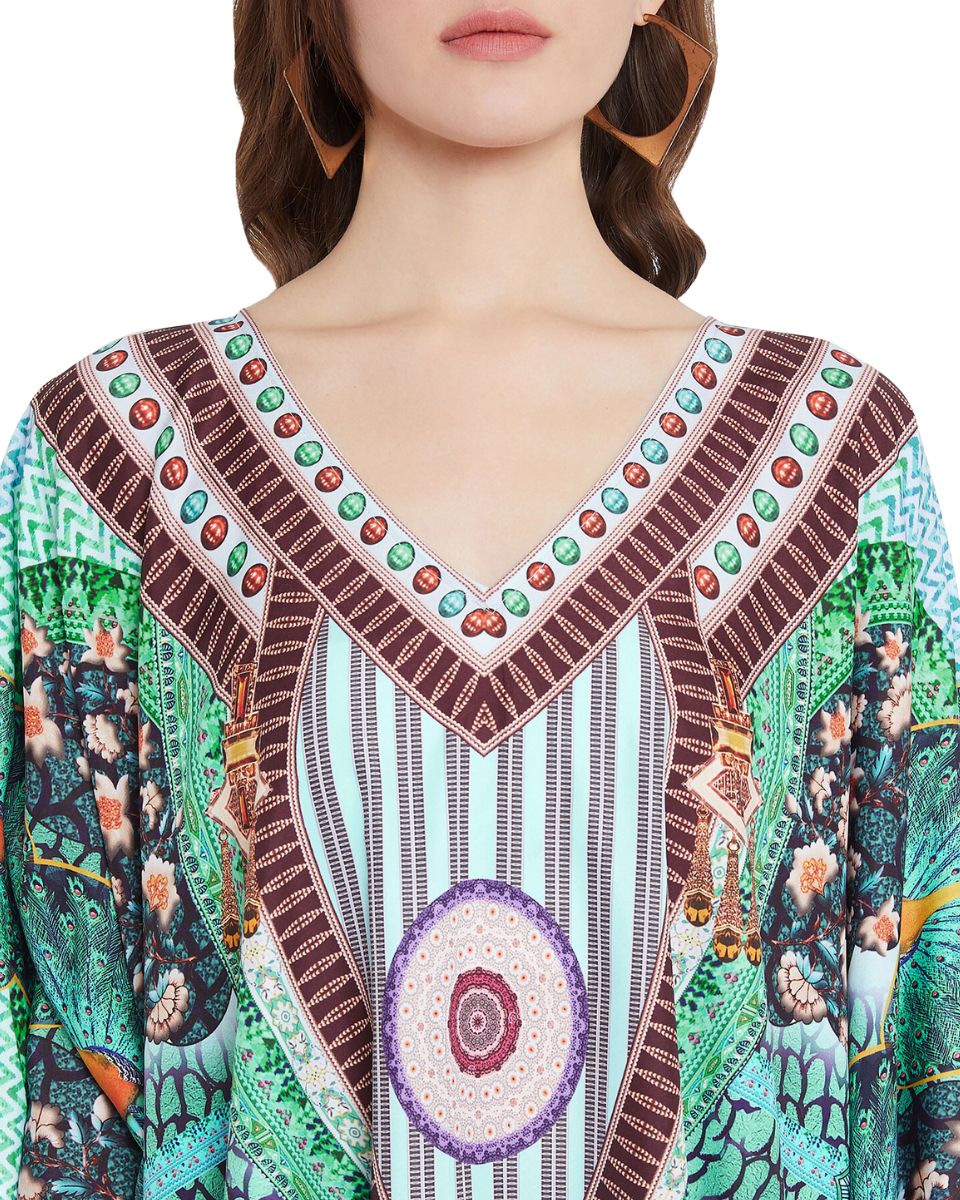 Peacock Print Polyester Kimono Sleeve Plus Size Kaftan For Women