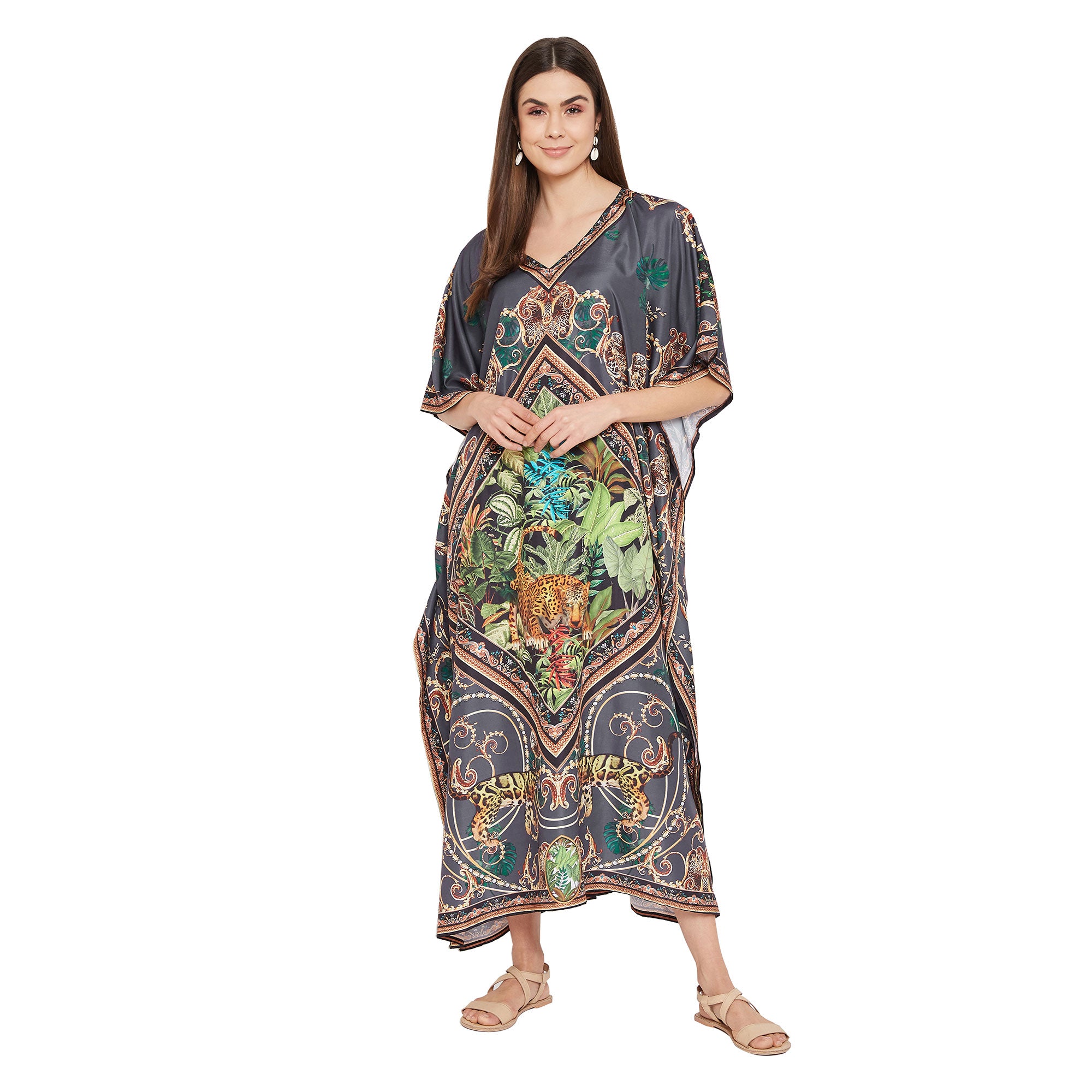 Animal Printed Gray Polyester Kaftan For Plus Size Women