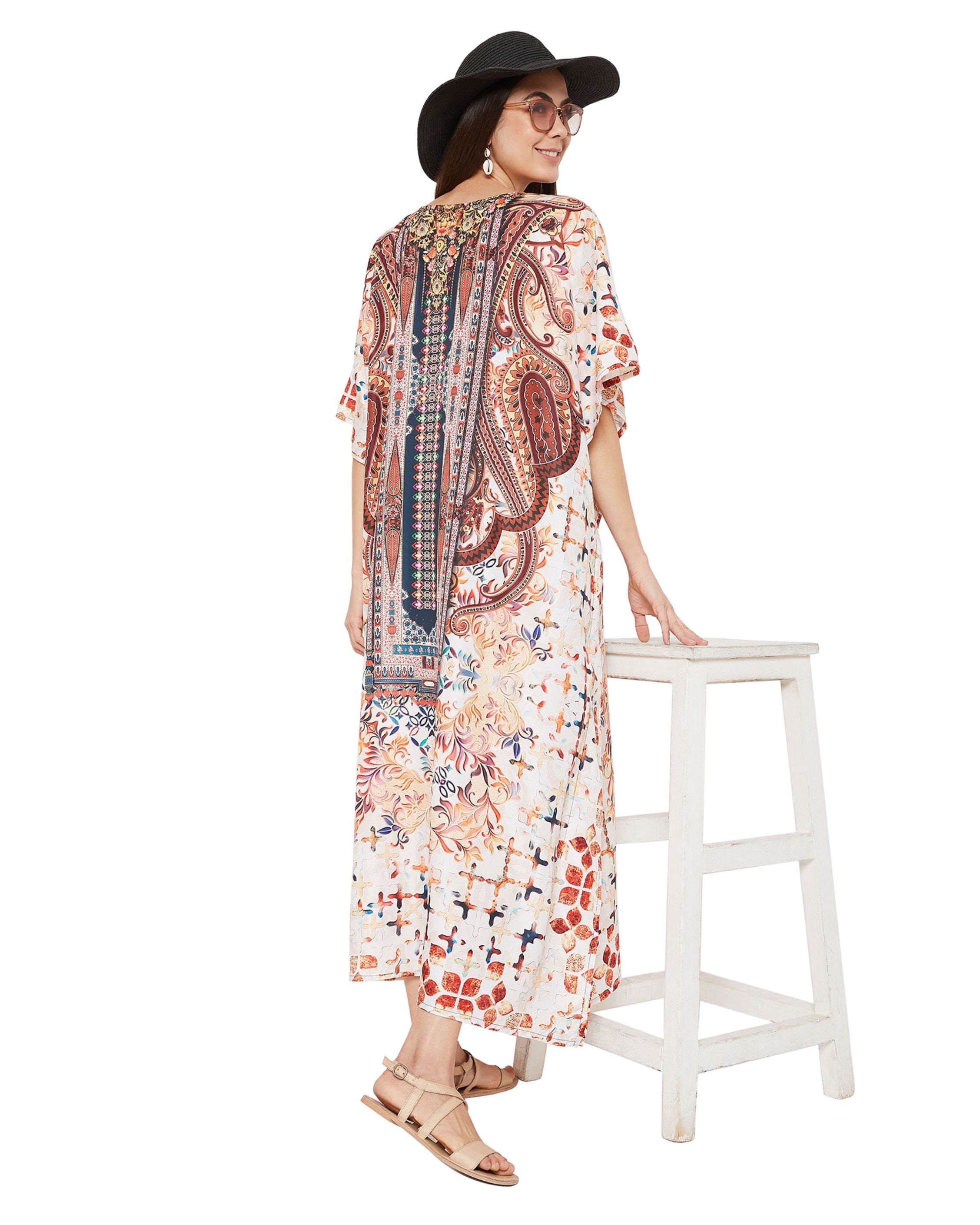 Paisley Printed Multicolor Plus Size Polyester Kaftan For Women