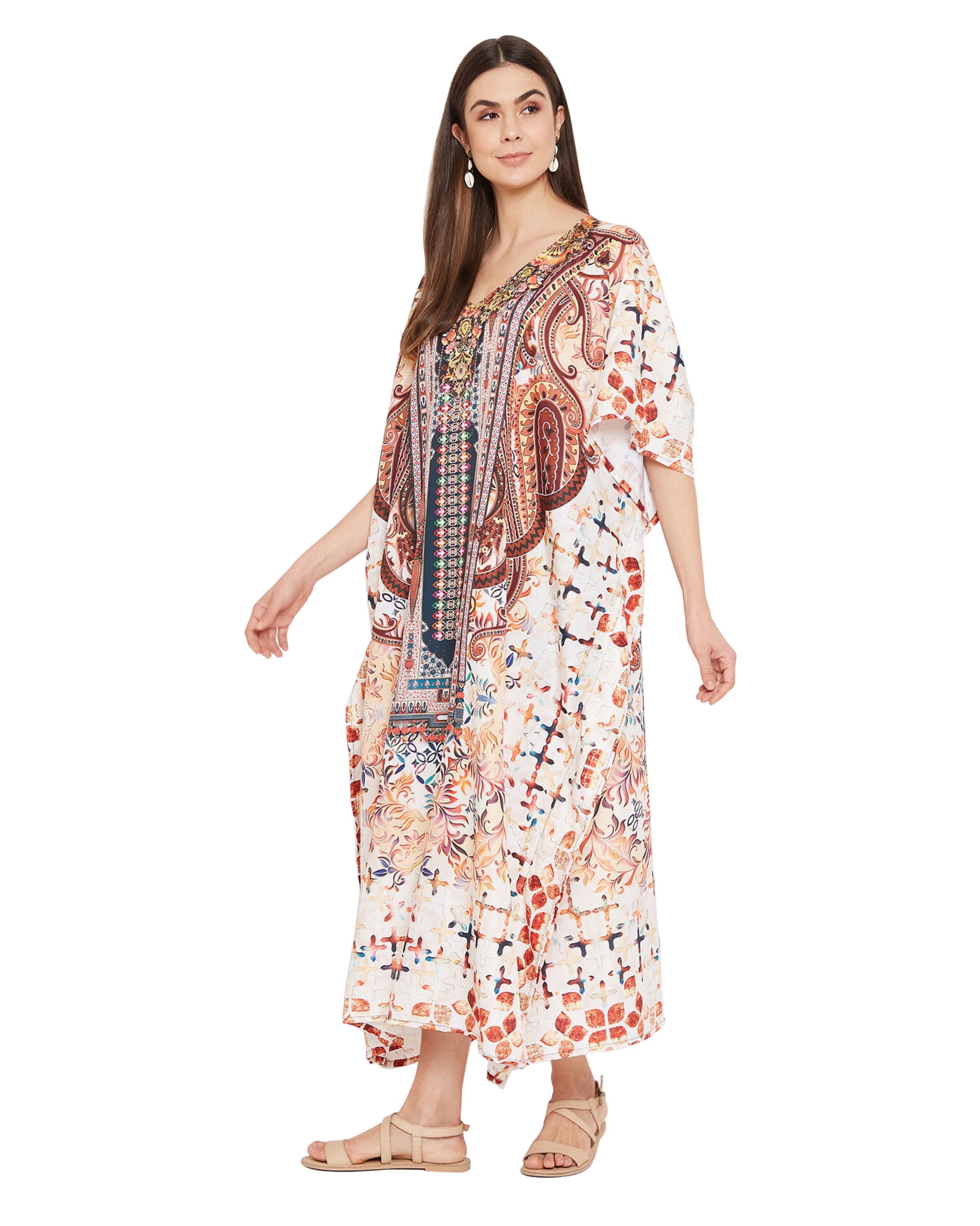 Paisley Printed Multicolor Plus Size Polyester Kaftan For Women