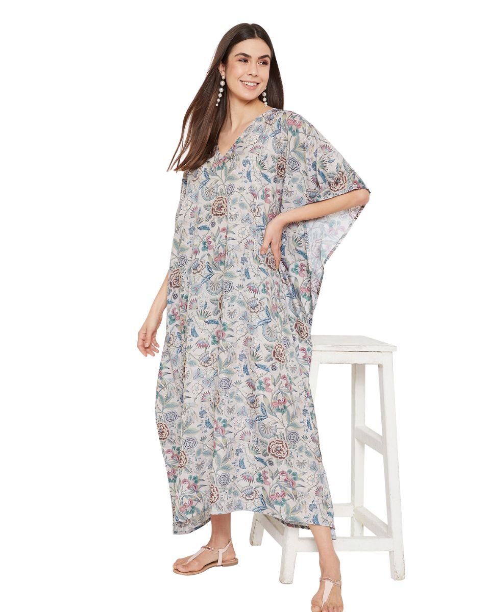 Women Polyester Resort Wear Kimono Sleeve Floral Caftan