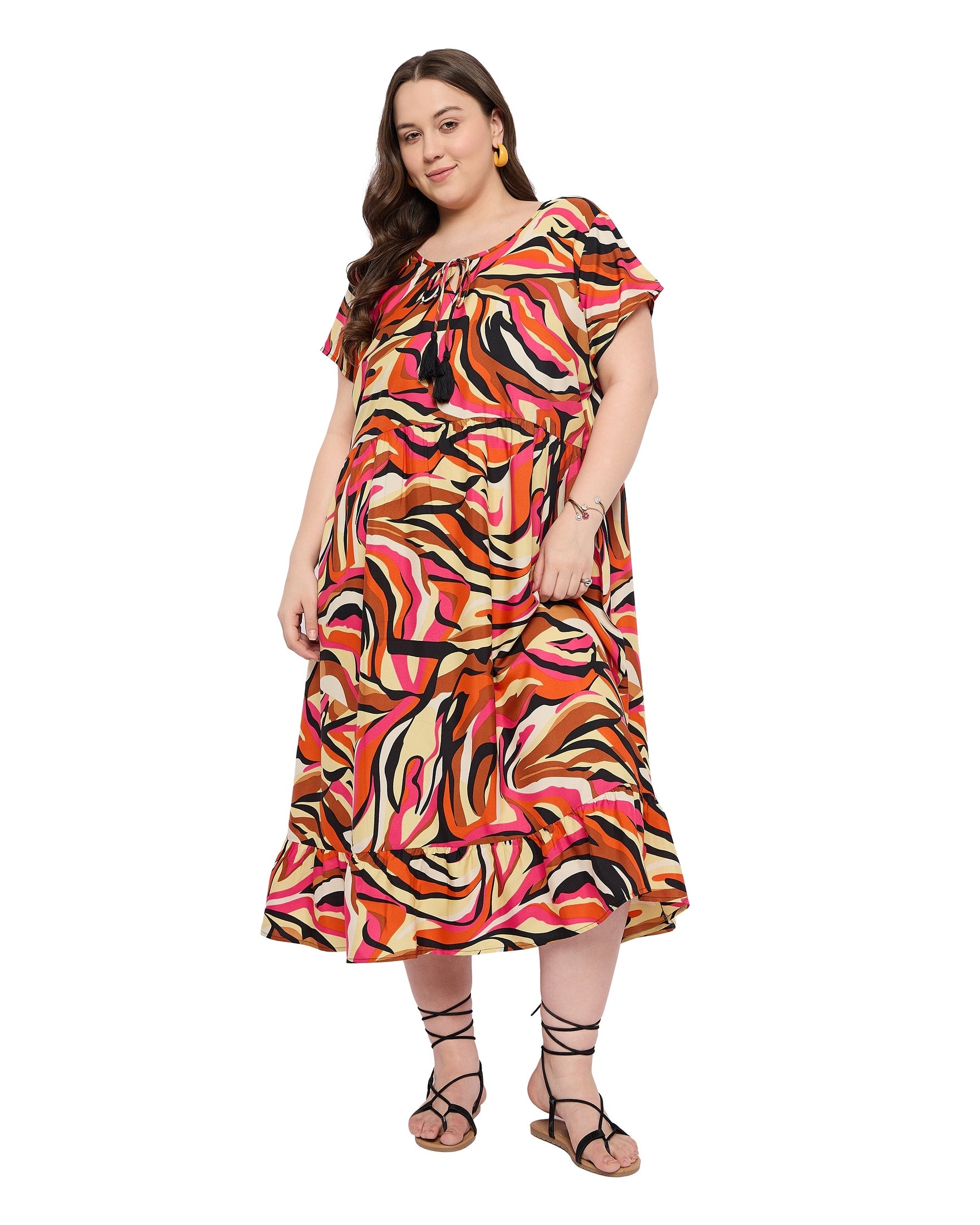 Multicolor Polyester Women Plus Size Cocktail Party Midi Dress