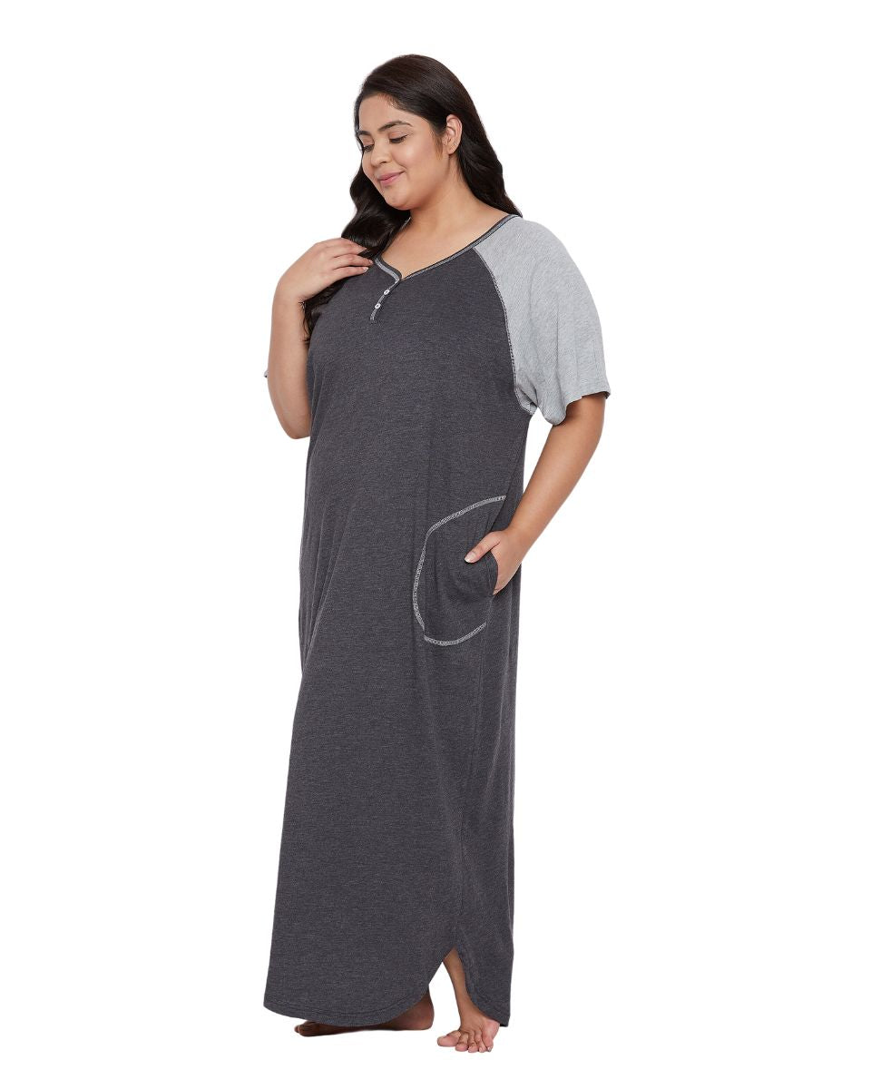 Black Casual Sleepwear Long Melange Dress With Pockets For Women