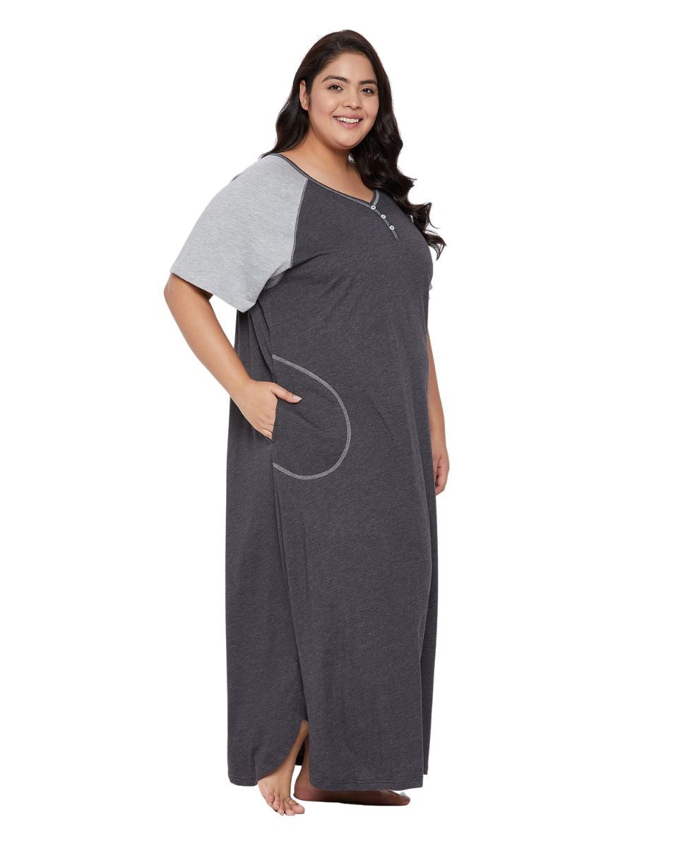 Black Casual Sleepwear Long Melange Dress With Pockets For Women