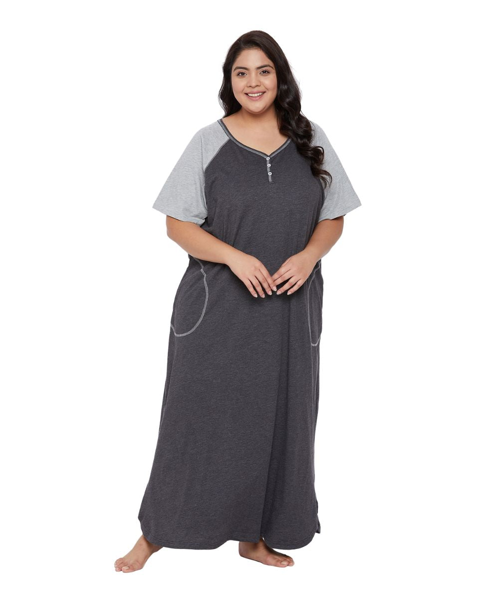 Black Casual Sleepwear Long Melange Dress With Pockets For Women