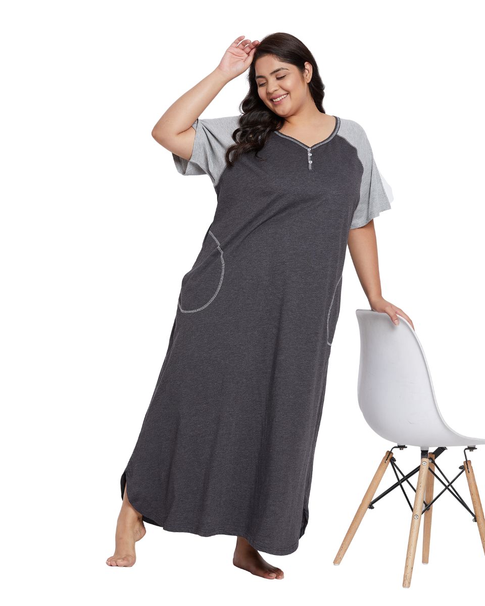 Black Casual Sleepwear Long Melange Dress With Pockets For Women