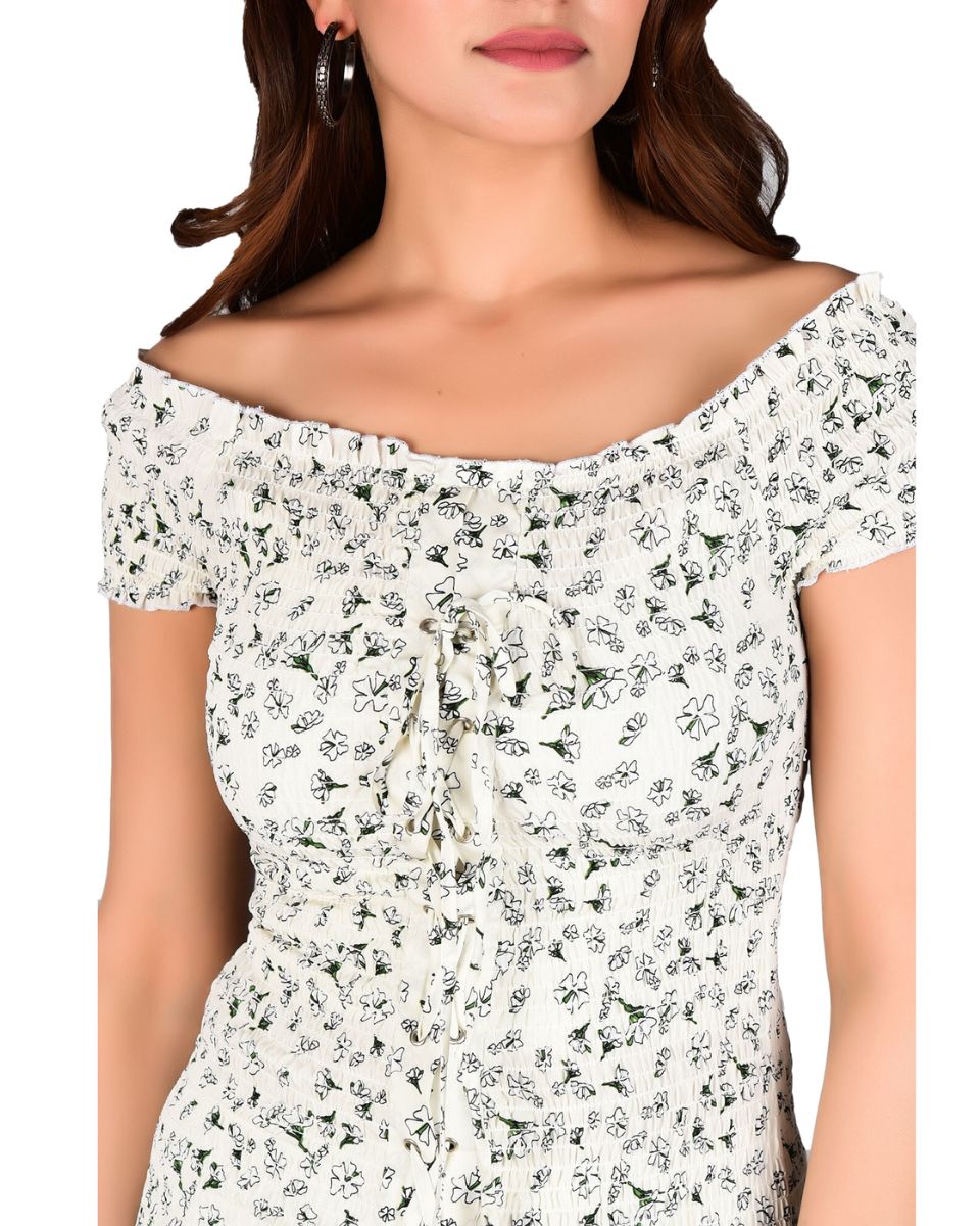 White Floral Polyester Drawstring Short Dress For Women