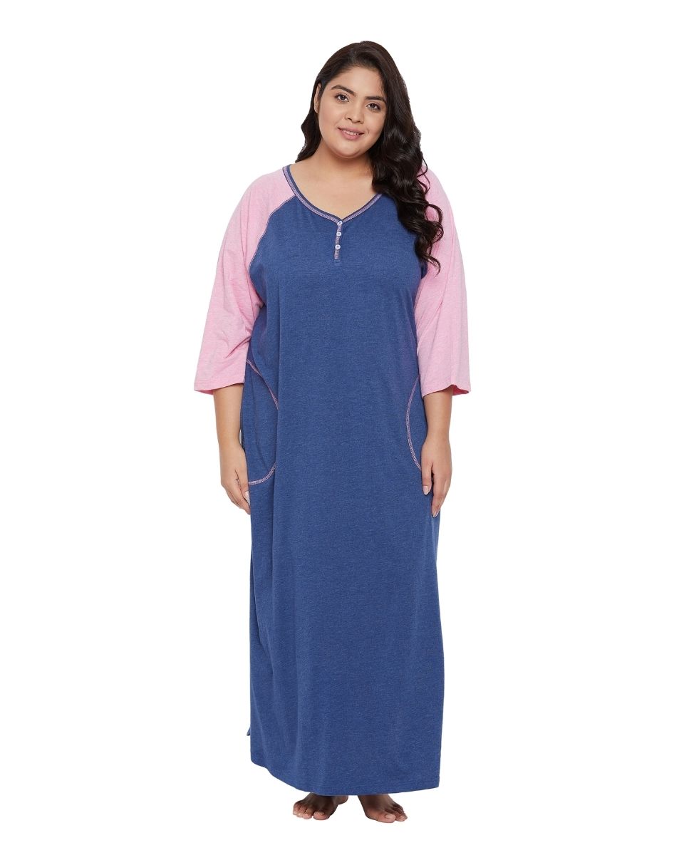 Navy Solid Blue Poly Cotton Melange Dress For Women