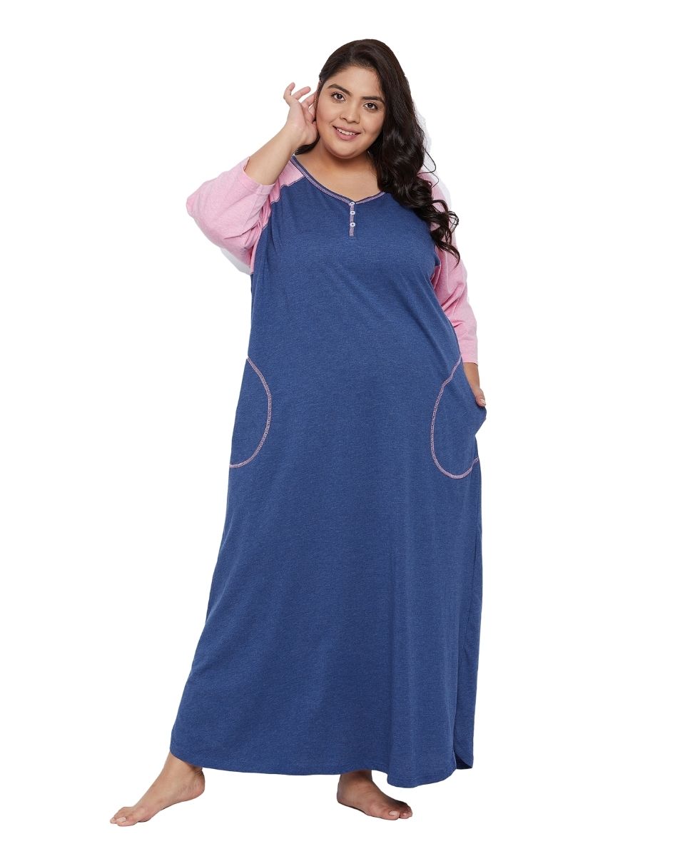 Navy Solid Blue Poly Cotton Melange Dress For Women