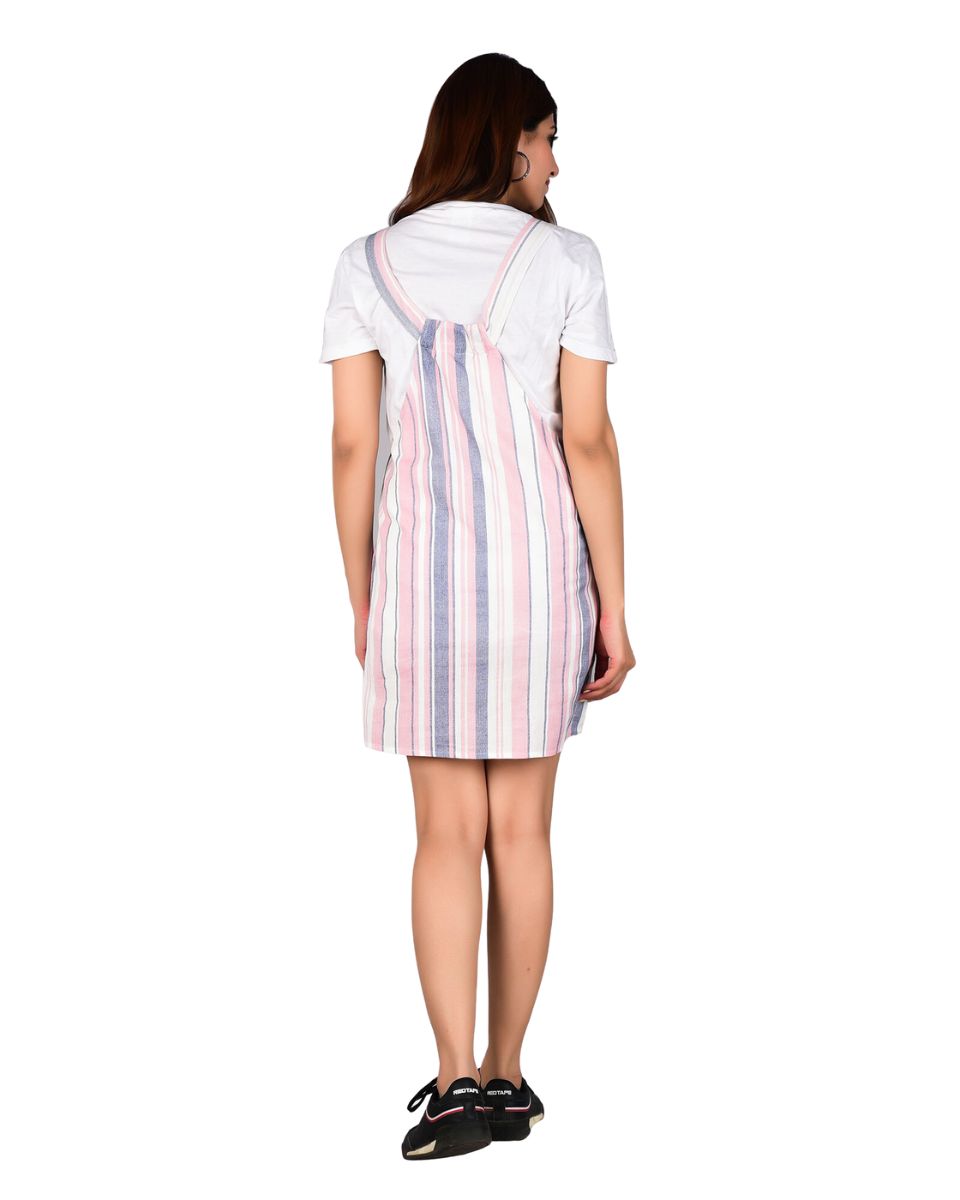 Pink Striped Pattern Short Cotton Party Dress For Women