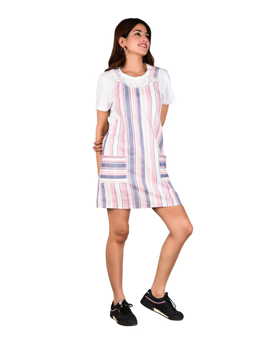 Pink Striped Pattern Short Cotton Party Dress For Women