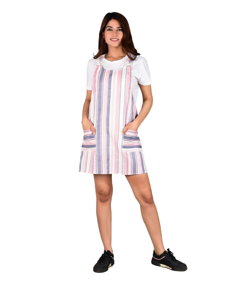 Pink Striped Pattern Short Cotton Party Dress For Women