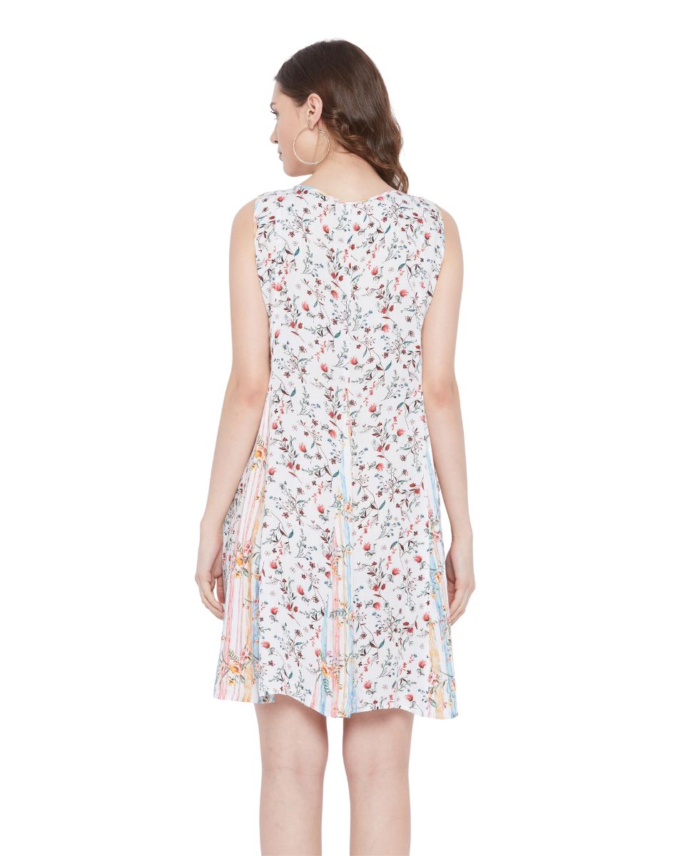 V-Neck White Floral Sleeveless Midi Dress For Women