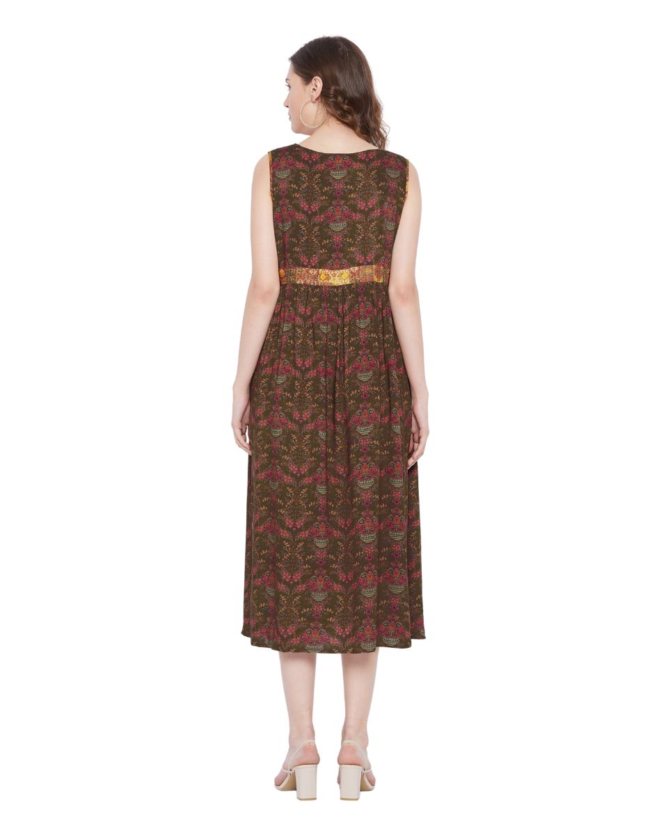 Brown V-Neck Floral Pattern Sleeveless Midi Dress For Women