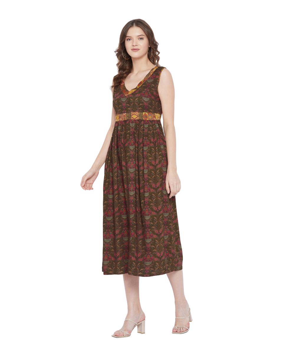 Brown V-Neck Floral Pattern Sleeveless Midi Dress For Women