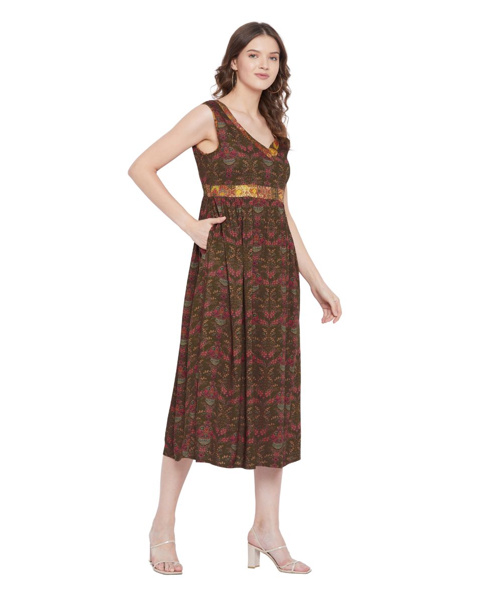 Brown V-Neck Floral Pattern Sleeveless Midi Dress For Women