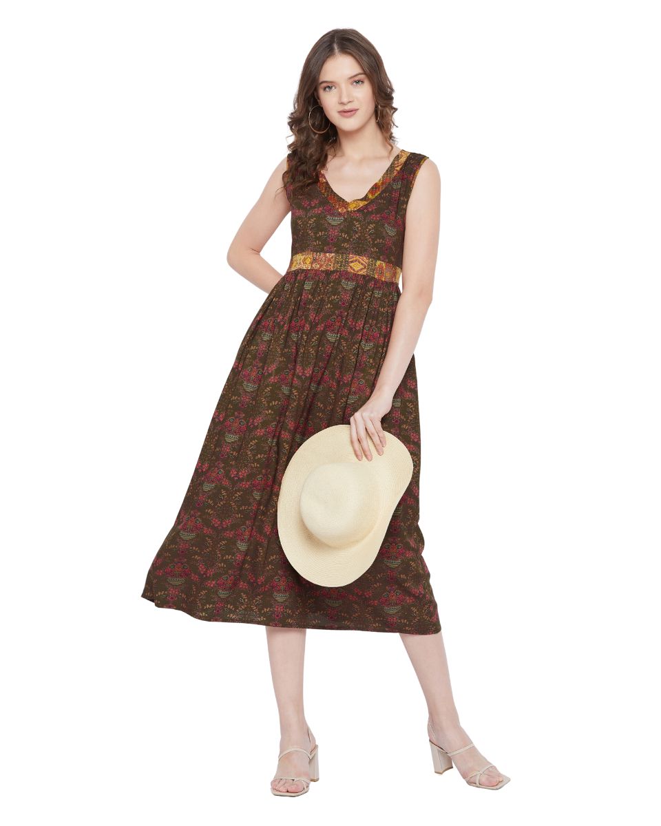 Brown V-Neck Floral Pattern Sleeveless Midi Dress For Women