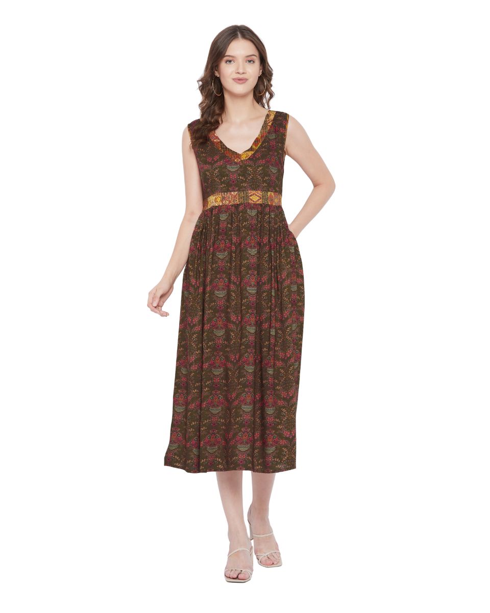 Brown V-Neck Floral Pattern Sleeveless Midi Dress For Women