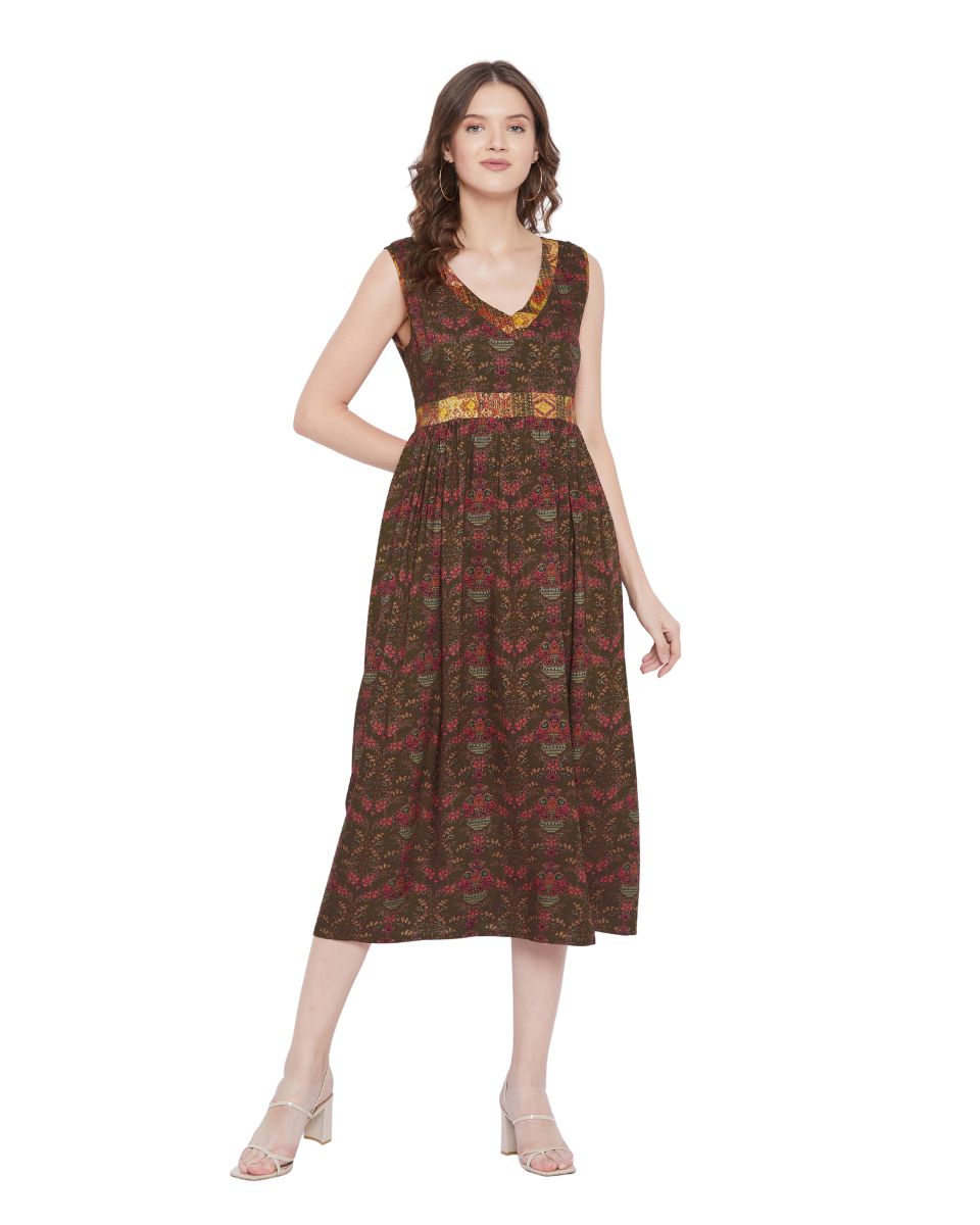 Brown V-Neck Floral Pattern Sleeveless Midi Dress For Women