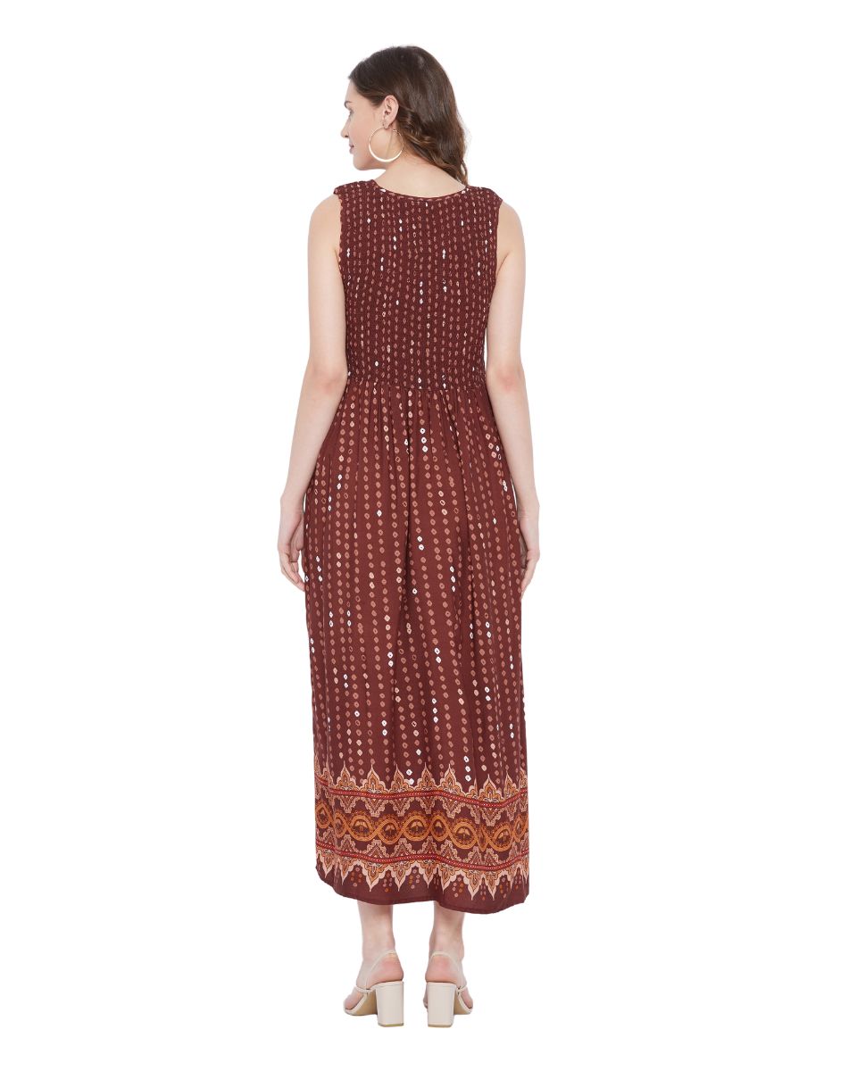 Elastic Brown Sleeveless Long Rayon Dress For Women