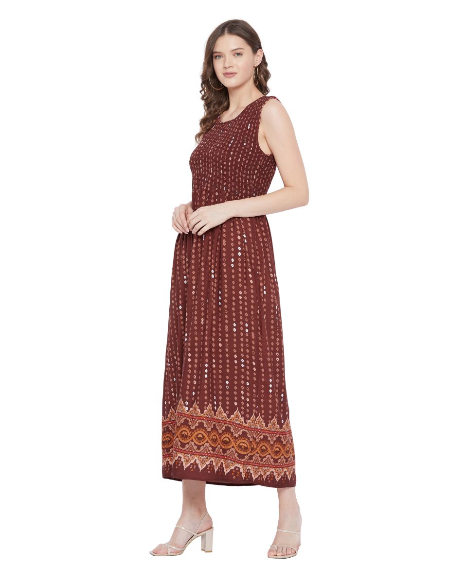 Elastic Brown Sleeveless Long Rayon Dress For Women