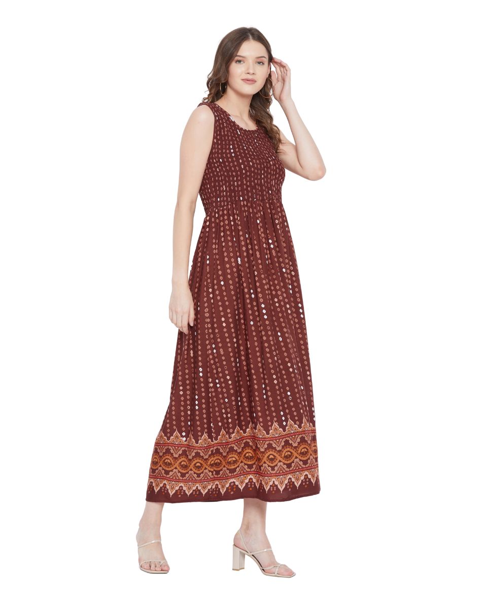 Elastic Brown Sleeveless Long Rayon Dress For Women