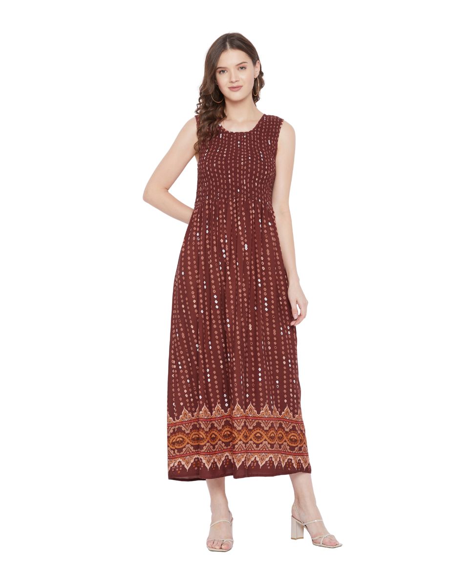 Elastic Brown Sleeveless Long Rayon Dress For Women