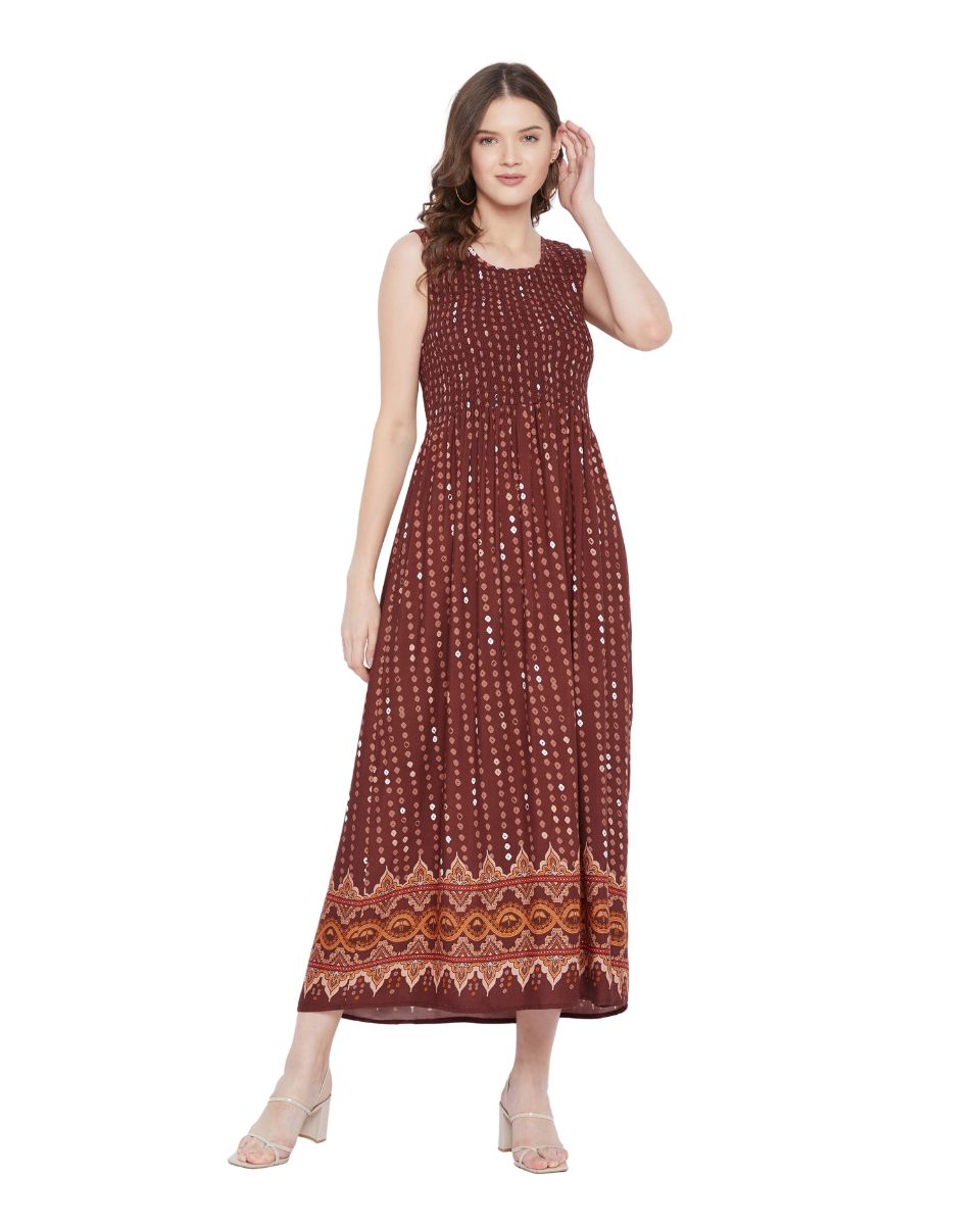 Elastic Brown Sleeveless Long Rayon Dress For Women