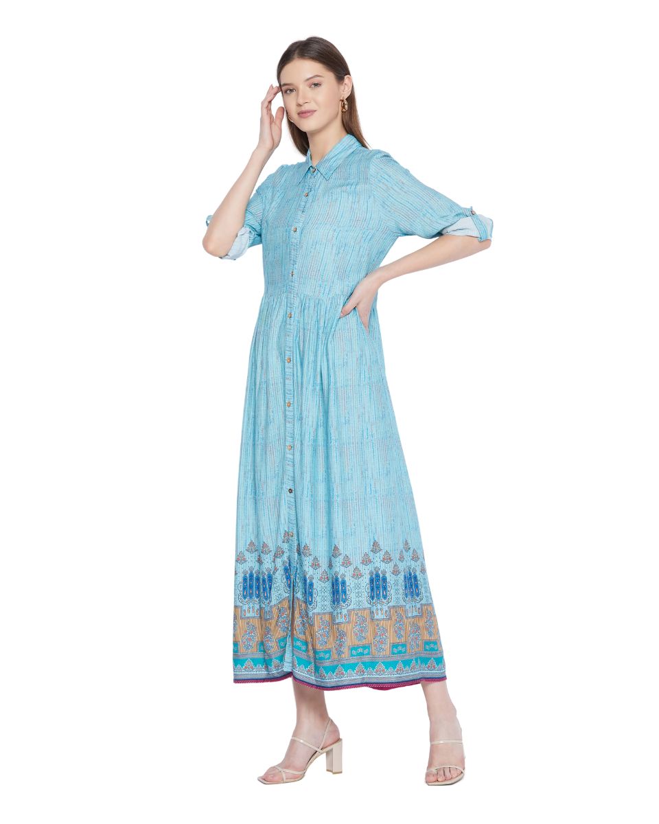 Light Blue Floral Pattern Long Flared Gown Dress For Women