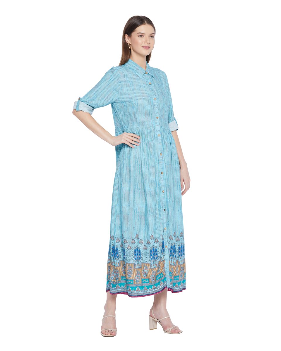 Light Blue Floral Pattern Long Flared Gown Dress For Women