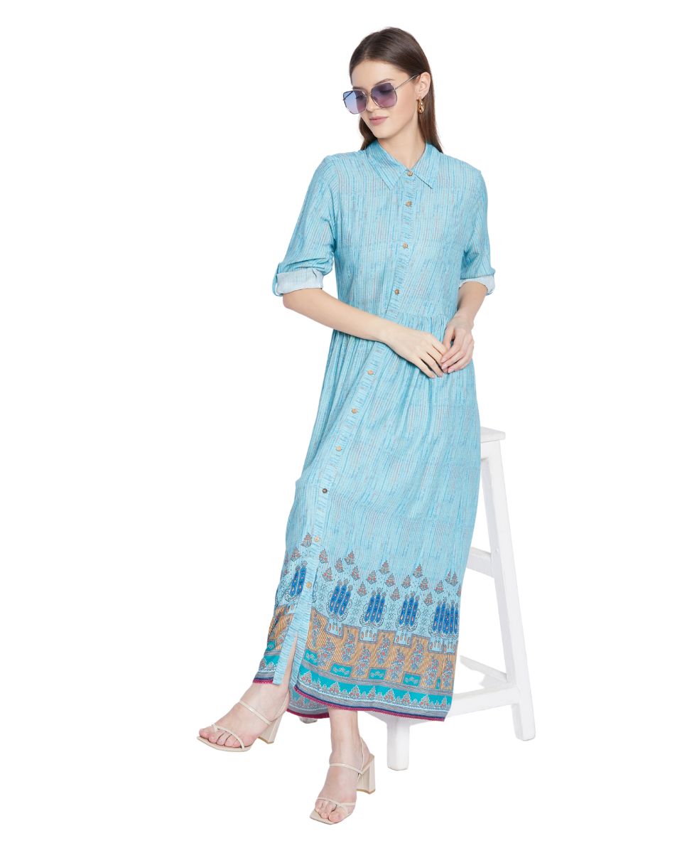 Light Blue Floral Pattern Long Flared Gown Dress For Women