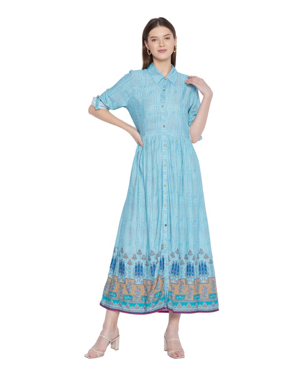 Light Blue Floral Pattern Long Flared Gown Dress For Women