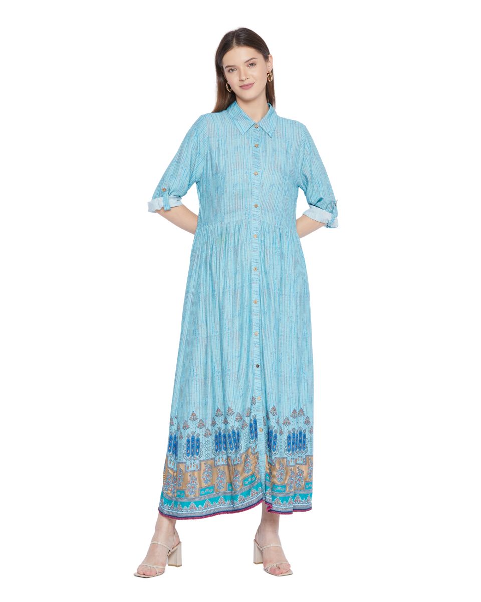 Light Blue Floral Pattern Long Flared Gown Dress For Women