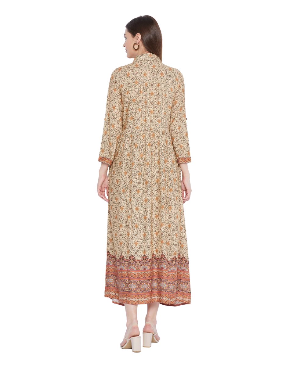 Brown Floral Pattern Long Flared Gown Dress For Women