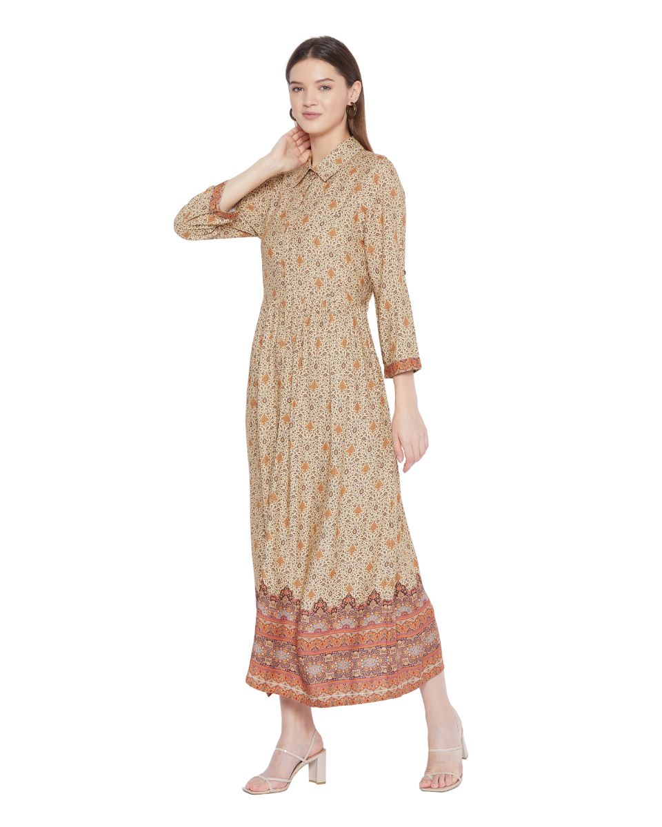 Brown Floral Pattern Long Flared Gown Dress For Women