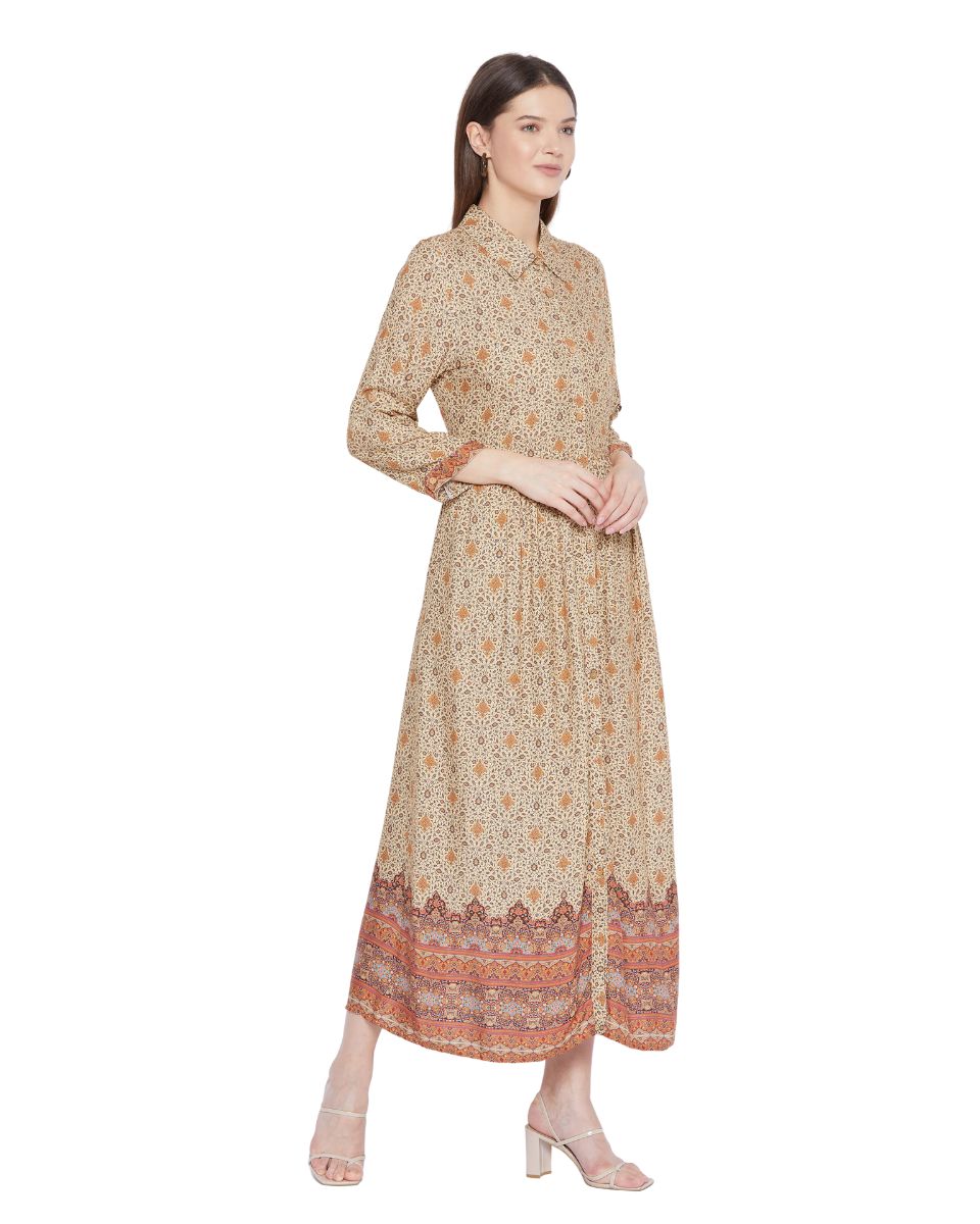 Brown Floral Pattern Long Flared Gown Dress For Women