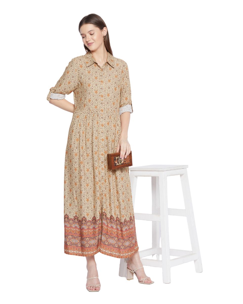 Brown Floral Pattern Long Flared Gown Dress For Women