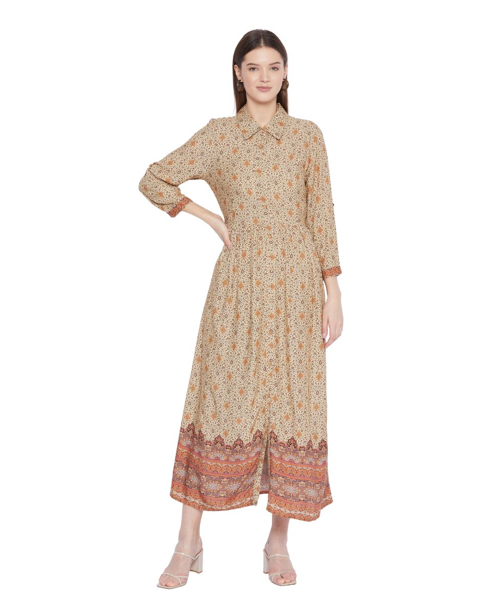 Brown Floral Pattern Long Flared Gown Dress For Women