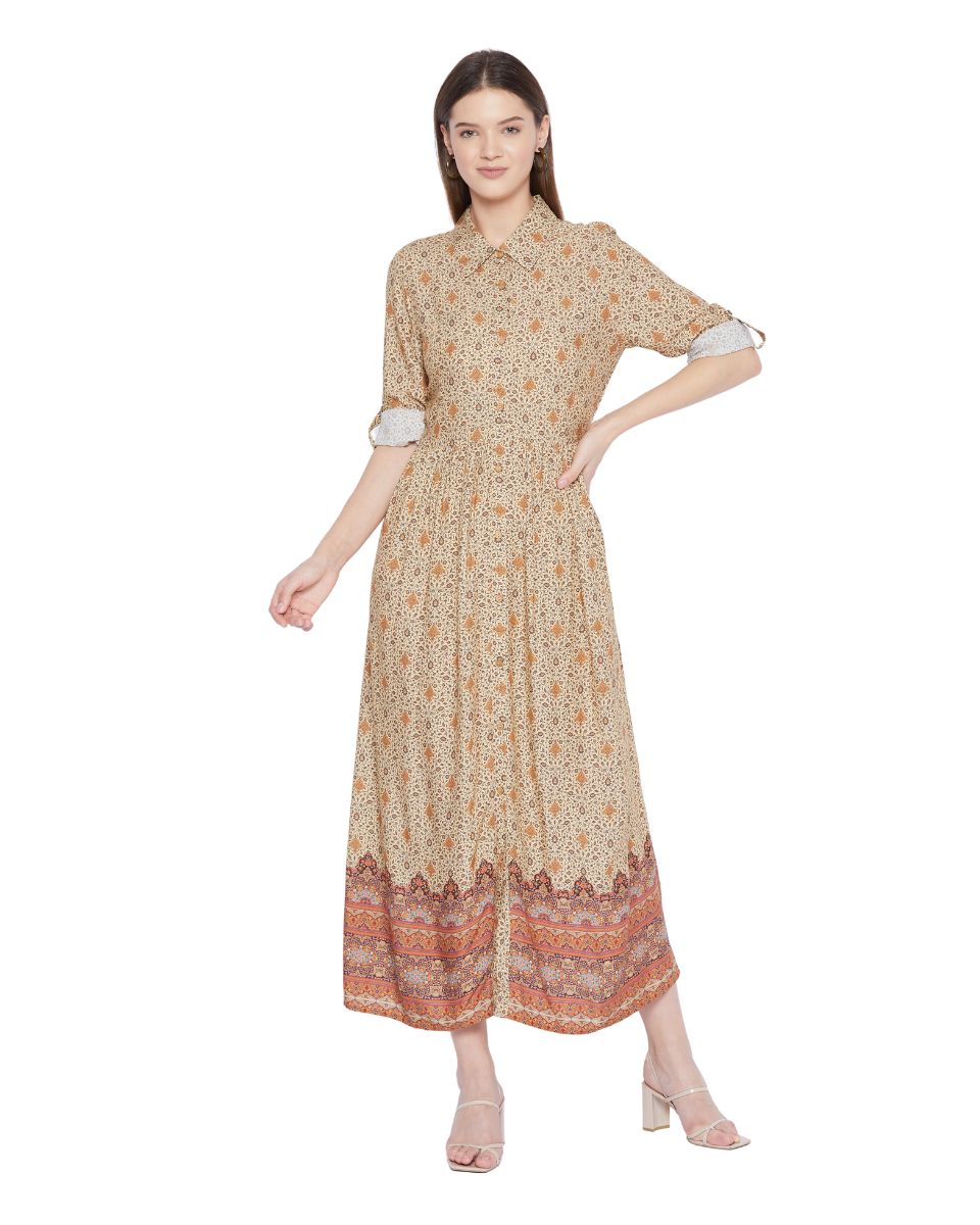 Brown Floral Pattern Long Flared Gown Dress For Women