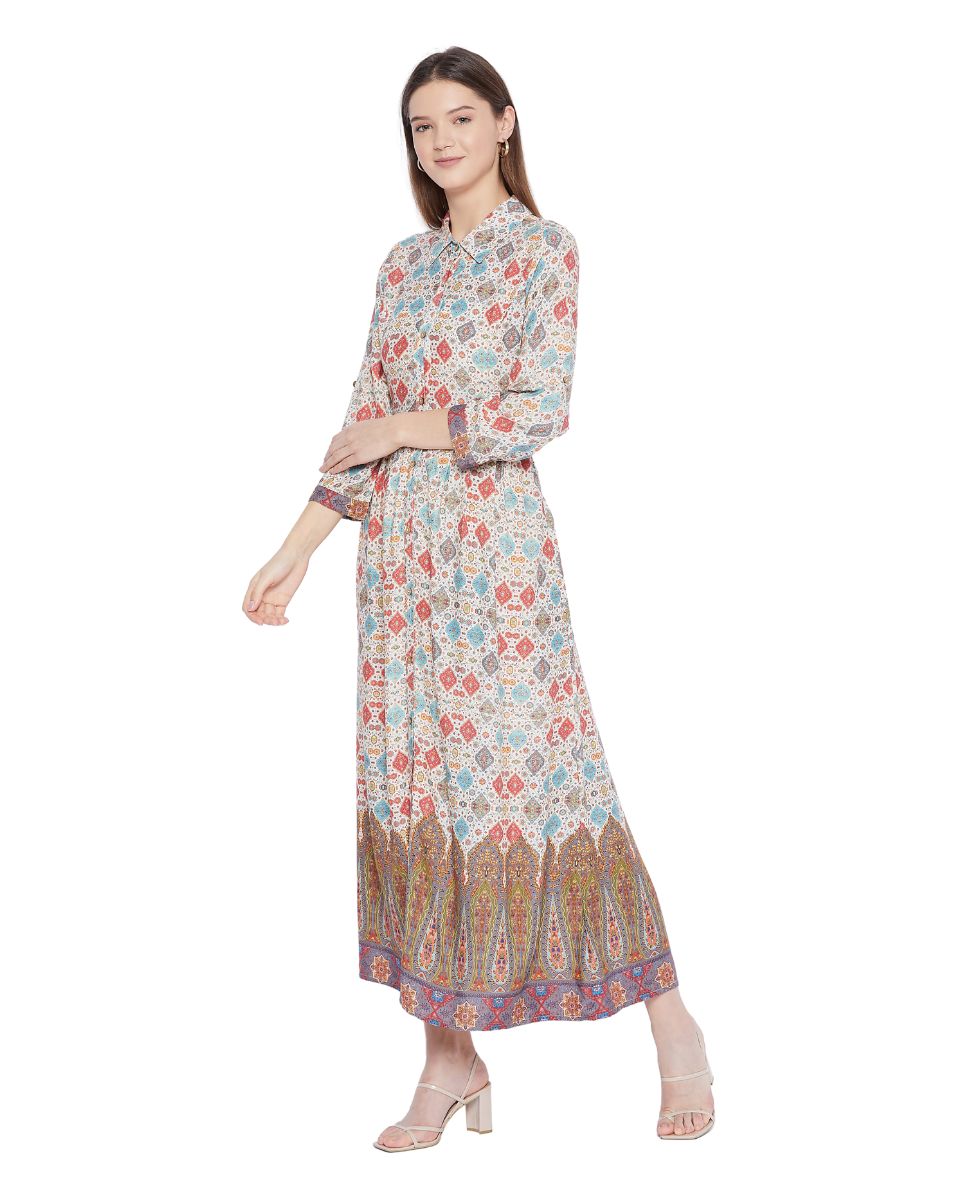 Multicolor Floral Pattern Long Flared Gown Dress For Women