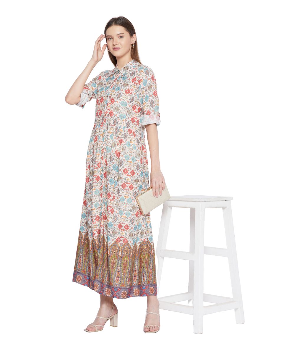 Multicolor Floral Pattern Long Flared Gown Dress For Women