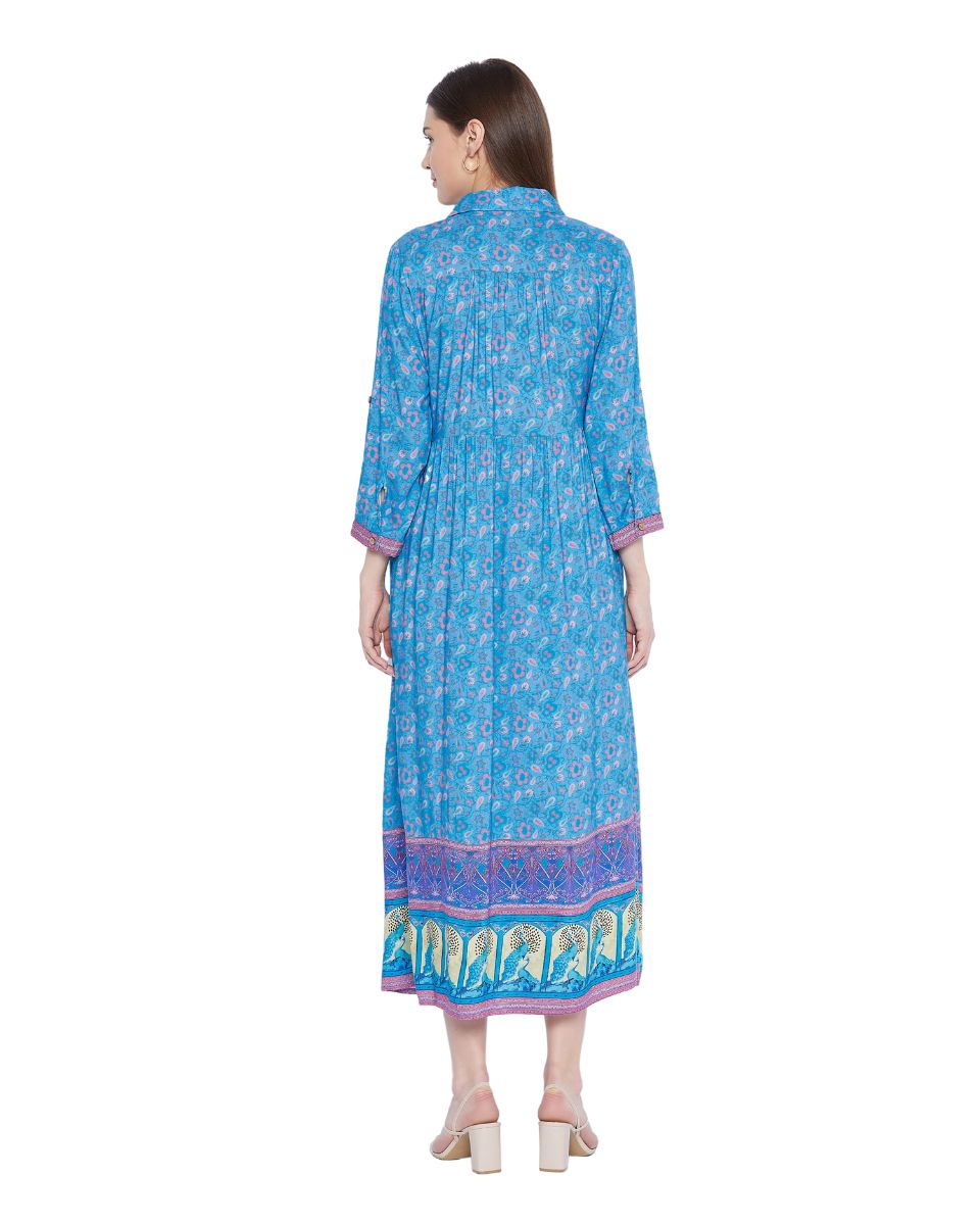 Blue Floral Pattern Long Flared Gown Dress For Women