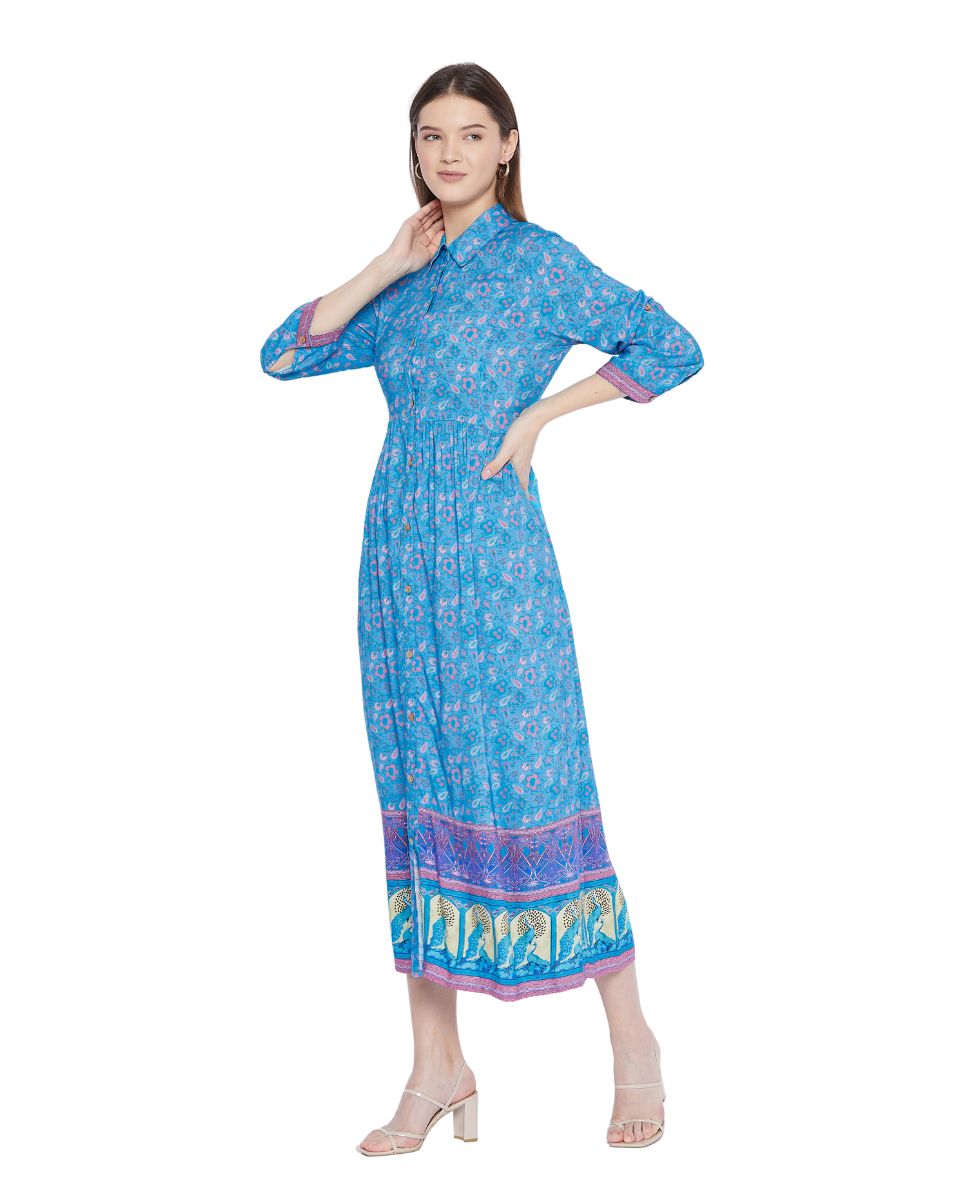 Blue Floral Pattern Long Flared Gown Dress For Women